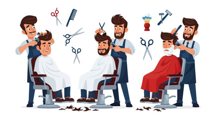 Barber Shop Scene: Men Getting Haircuts and Shaves in a Cartoon Style.
