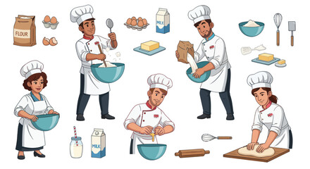 A diverse set of cartoon chefs and bakers with various ingredients and kitchen tools for making dough.