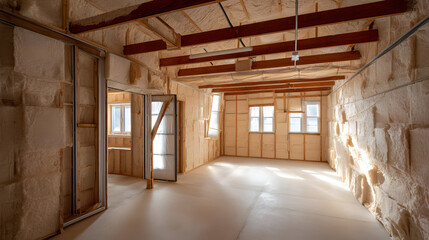 Spacious, unfinished room featuring wooden beams and insulated walls, inviting creativity in design.