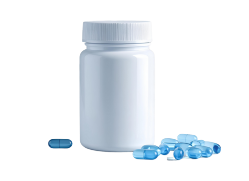 Firefly_Minimalist 3D supplement container with scattered translucent capsules isolated on transparent background