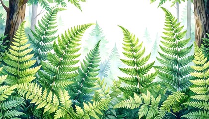 Verdant ferns in watercolor, with tall trees framing a bright, soft, hazy forest background