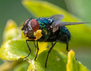 Naklejka premium Close-up of a Vibrant Fly on a Leaf