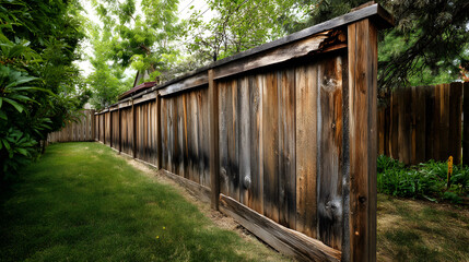 A weathered wooden fence surrounded by lush greenery in a tranquil backyard setting.