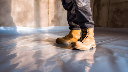 A worker's sturdy brown boots stand on a reflective plastic surface in a construction site.