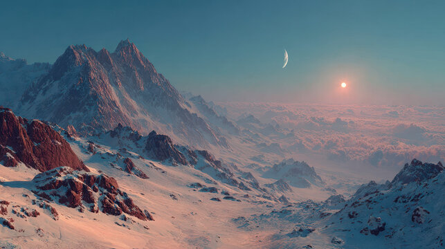 Alien Mountain Landscape at Sunset