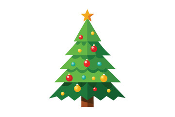 A symmetrical Christmas tree displays vibrant decorations on its geometric green branches with a brown base
