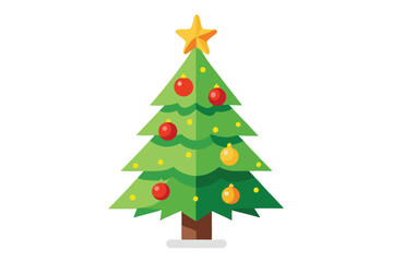 Decorated Christmas tree features green branches with star on top and red ornaments