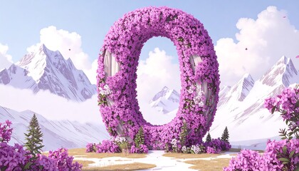 Flower-covered donut-shaped structure in a snowy mountain landscape under sunny sky