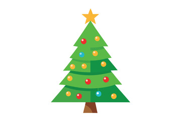 Green Christmas tree has golden star and is adorned with colorful ornaments