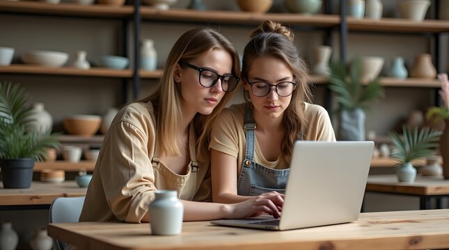 Two young women collaborating in a cozy workspace, focused on a laptop amid handmade pottery.