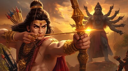 Epic Hindu Mythology Scene with Archer and Multi-Armed God