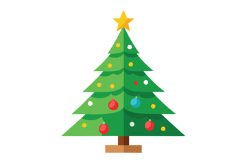 Green Christmas tree with a yellow star and colorful ornaments looks festive and bright