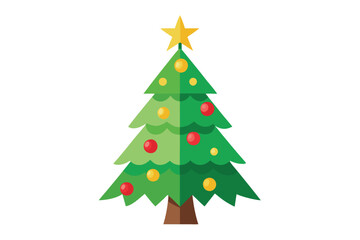 A decorated stylized Christmas tree with golden star stands against a plain white background