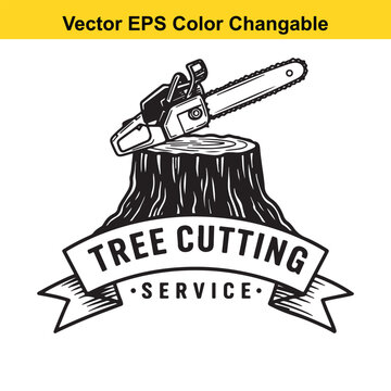 Vector art of chainsaw on tree stump with tree cutting service banner