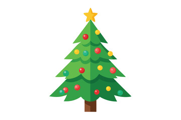 Decorated green Christmas tree stands on white, featuring red, yellow, and blue ornament balls