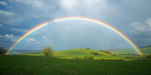 Vibrant rainbow over lush green hills under cloudy sky with sunlight