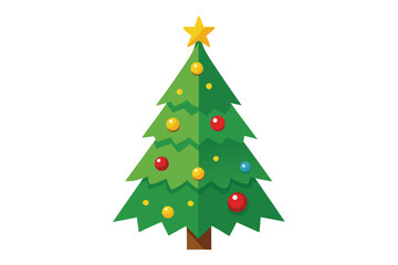 A stylized evergreen tree is decorated with a star and colorful ornaments on white
