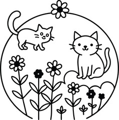 cute cats exploring garden with flowers illustration on transparent background