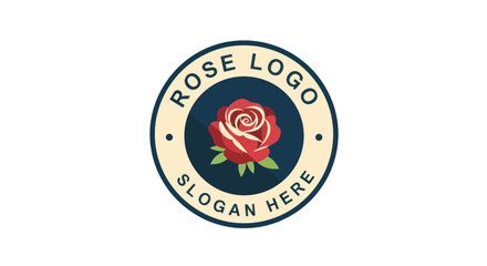 A vintage-style circular badge logo featuring a red rose illustration with placeholder text for a brand name and slogan.