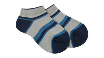 Pair of striped gray and blue ankle socks on background


