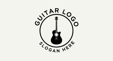 A minimalist circular logo featuring a black silhouette of an acoustic guitar, with 