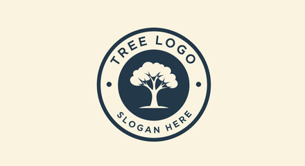 A stylized tree logo design, featuring a silhouette within a circular frame, with text.