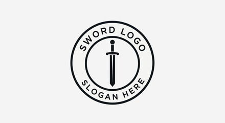 A minimalist logo featuring a sword centered within a circle, surrounded by the words "SWORD LOGO" and "SLOGAN HERE.".