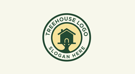 A minimalist circular logo design featuring a simple green treehouse silhouette on a tree trunk inside a yellow circle with placeholder text.