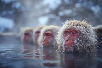 Naklejka premium Snow monkeys relaxing in a hot spring