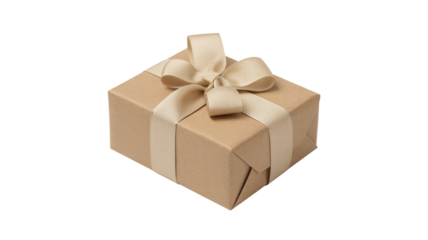 Simple gift box wrapped in brown paper and beige ribbon

