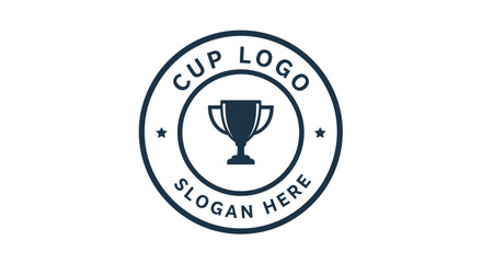 A circular logo design featuring a trophy icon in the center, surrounded by text "CUP LOGO" and "SLOGAN HERE" with stars.