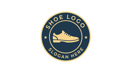 Fototapeta premium Vintage style logo design for a shoe company, featuring a classic shoe silhouette within a dark blue circle.