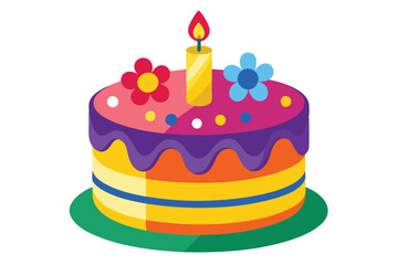 Colorful layered cake adorned with flowers and a lit candle sits isolated on white