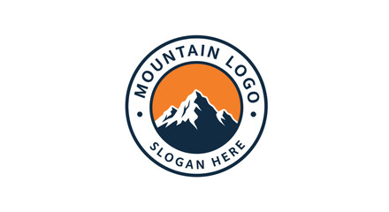 Circular logo featuring a stylized mountain peak with snow against an orange sun and a dark blue background, encircled by text.