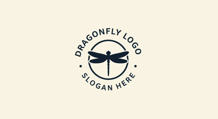 Vintage logo design featuring a stylized dragonfly in a circular emblem.