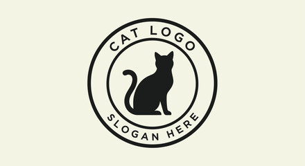 Simple black silhouette of a seated cat within a circular logo design.