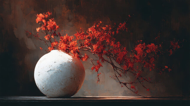Artistic Still Life with Red Blooms and White Vase