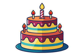 Two layered striped birthday cake with lit candles offers sweet celebration delight