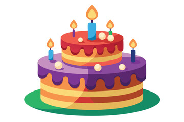 Two layered cake features lit candles and colorful frosting on a green surface