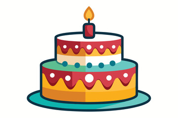 Cartoon tiered cake displays a single burning candle, resting on a simple turquoise plate
