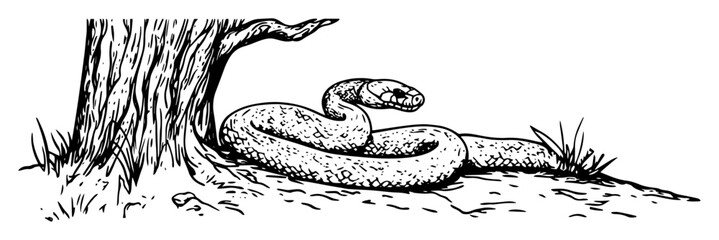 snake coiled under tree sketch