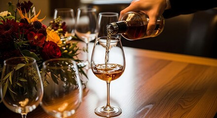 Close-up of Hand Pouring Amber Liquid, Floral Arrangement and Wine Glasses on Wooden Table