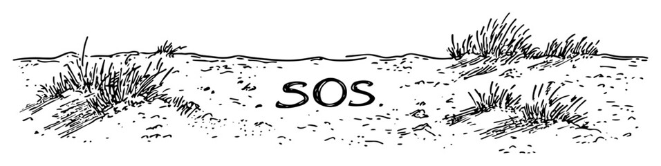 sos sign written on sandy ground