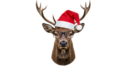 Reindeer wear Santa clause Hat and glasses isolated on white transparent background   