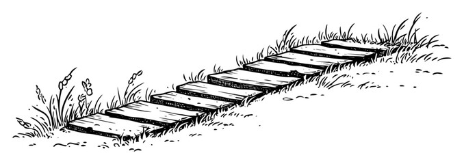 wooden planks pathway in grass sketch © Kaz