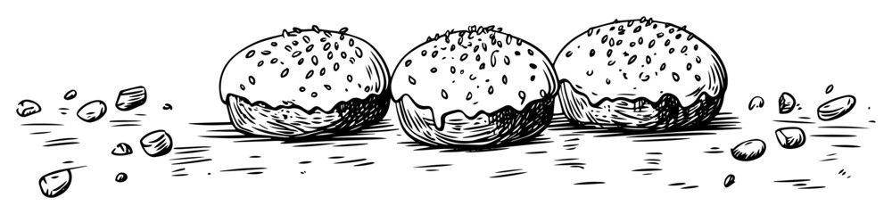 three sesame seed buns hand drawn