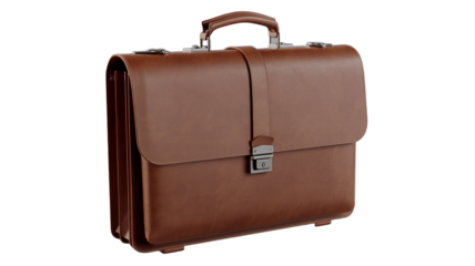 Luxury brown leather briefcase with metal clasps and strap

