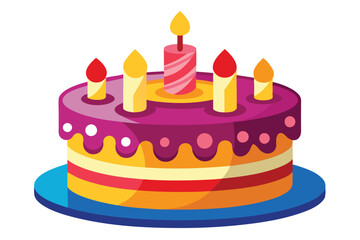 Colorful birthday cake showcases lit candles upon a shiny blue plate for celebration