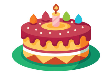 Round layered cake shows vibrant toppings, candle, and colorful decoration displayed on its plate
