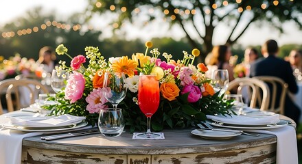 Elegant Outdoor Dining Concept: Refreshing Drink and Colorful Blossoms for Celebration